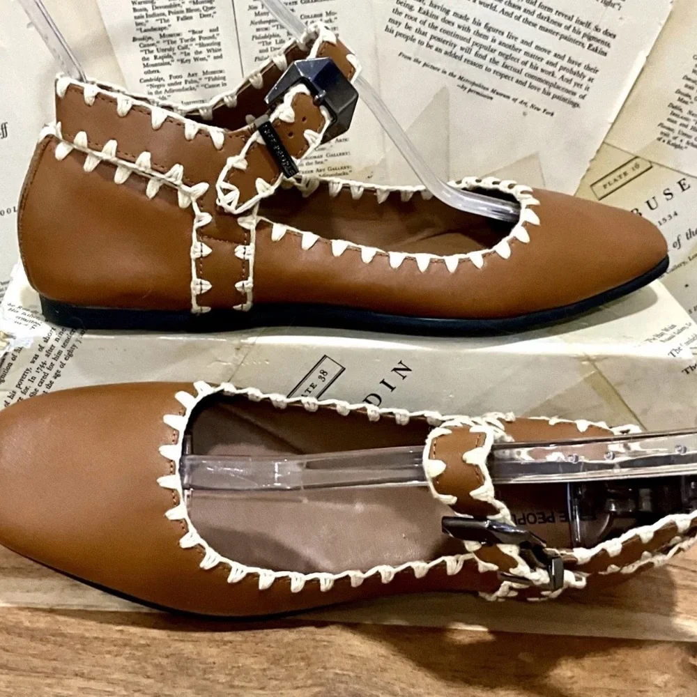 Free People Mystic Mary Jane Buckle Flat Tan Leather Ivory Crochet Trim - Picture 6 of 10